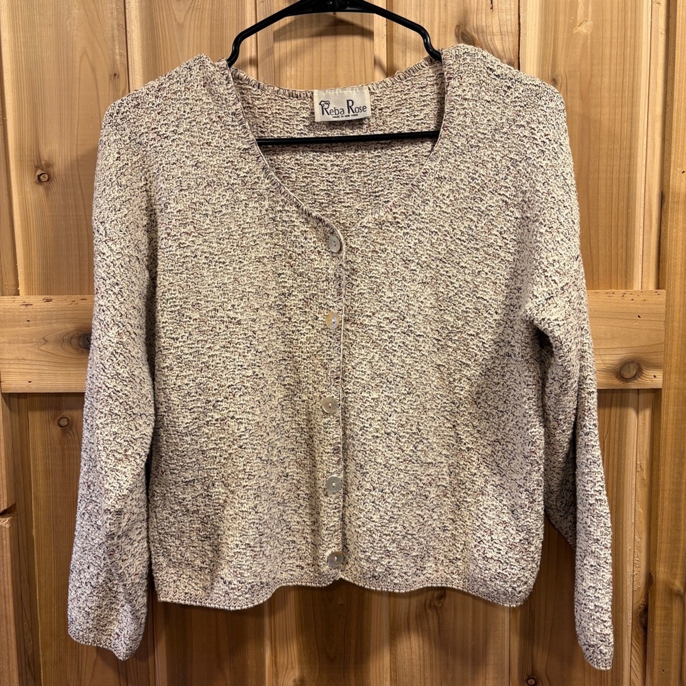 Vintage Reba Rose Cream Cardigan Sweater with V-neck and Long Sleeves